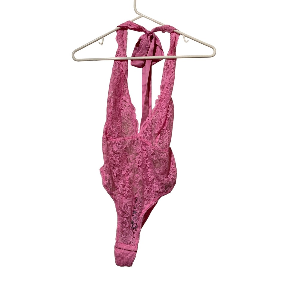 INC International Concepts Intimates Pink Lace Halter Teddy Bodysuit Medium NEW